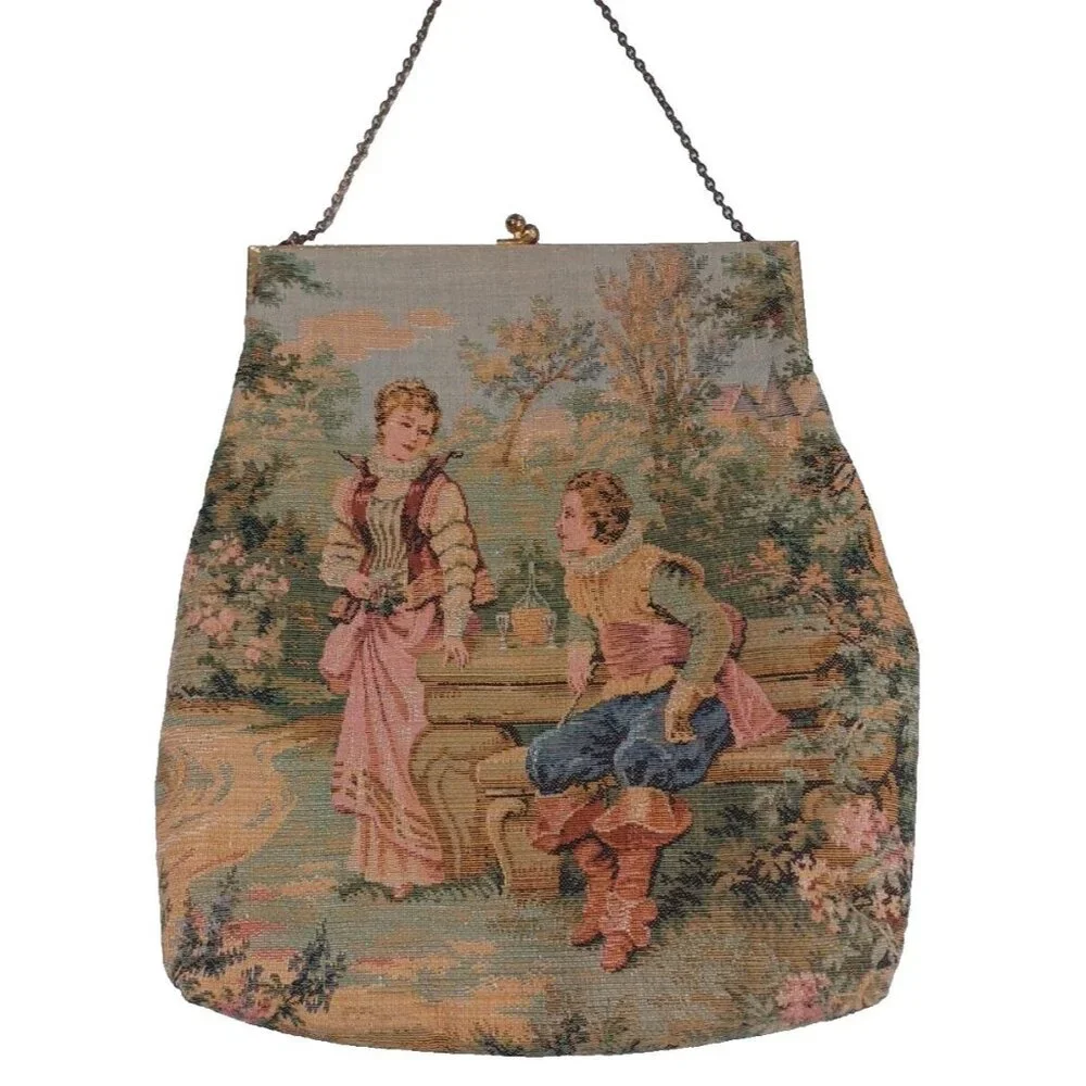 Antique Aubusson Victorian Tapestry Purse Romantic Couple Kisslock Handbag - Picture 3 of 11